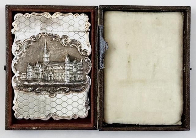 Castle Top Silver Card Case, Nathaniel Mills 1849: Antique British Sterling Silver Card Case, Hallmarks for Nathaniel Mills, Birmingham 1849. Exceptional case with palace in high relief with hand chased details and engine turned brocade pattern. Case 