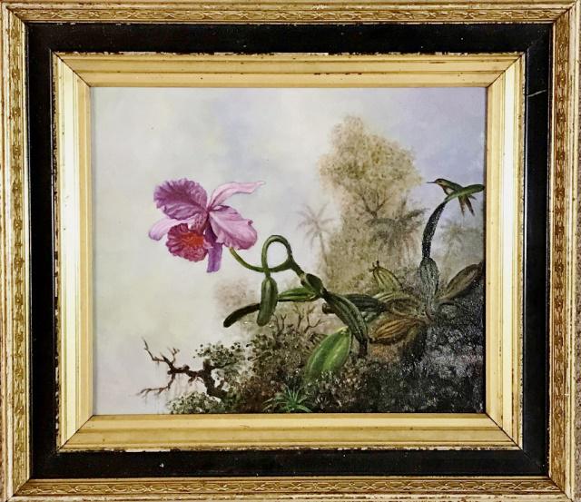 Oil on Board Painting, After M. J. Heade: Late 19th - Early 20th C. Oil on Board Painting of a tropical landscape with an orchid and hummingbird in foreground. Painting is unsigned, but in the style of Martin Johnson Heade (1819-1904). Excell