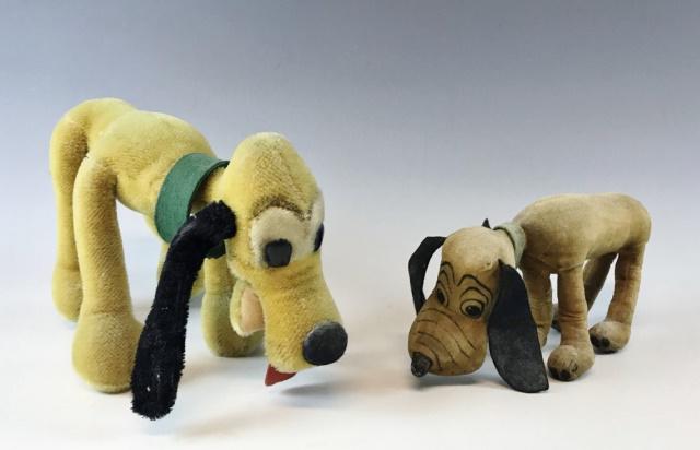 Disney Pluto Dolls Schuco & Dean's Rag Bk Co (2pc): Pluto Dolls Schuco & Dean's Rag Bk Co : (1) Vintage 1930's Velveteen Pluto Doll by Dean's Rag Book Company. Printed design on paws & face including mouth lifts up to expose tongue and teeth. With leat