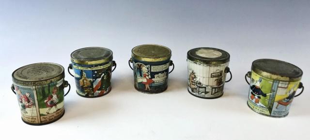 Antique Peanut Butter Pails, Nursery Rhyme (5pc): Antique Peanut Butter Pails, Lovell & Covel Candies Nursery Rhymes: (1) 3 oz tin litho pail with handle features the Little Red Riding Hood story with a comic twist: "Far into the wood went "Red Ridin