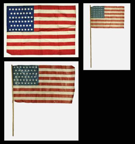 Three Antique Parade Size American Flags, (3pc): Three Antique Parade Flags: (1) Printed linen forty -six star flag, (1908-1912), stars arranged in 8-7-8-7-8-7 pattern, (1) Printed silk forty-six star flag in 8-7-8-8-7-8 pattern, (1) Printed linen f