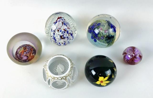 Collection of Signed Glass Paperweights, (6pc): Collection of six signed hand blown glass paperweights, makers include: Baccarat, Ziegler, GES and Pairpoint. Excellent condition, largest measures 3"L x 4" H
