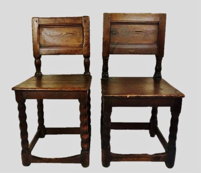 Pilgrim Century New England Pine Chairs, (2pc): Two 17th C. New England Chairs. Constructed of pine with wooden peg joinery. Turned legs with stretchers, board seats and chamfered backs. Chairs are slightly different with consistent wear, measure: