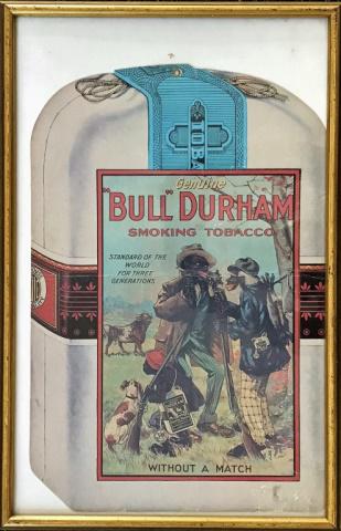 19th C. Tobacco Advertisement, Bull Durham: Late 19th C. Tobacco Advertisement, "BULL DURHAM". Polychrome lithographic print on card stock depicts African American figures hunting in a field with tag line, "Without a match". Framed under glass.