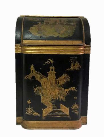 19th C. Painted Country Store Tin Tea Bin: 19th C. Hand Painted Country Store Tea Bin. Sliding cylinder top with green painted interior and artists note "Things of Beauty are Heavenly Joys" and "Mary Goodwin Hubbell". Good overall condition wi
