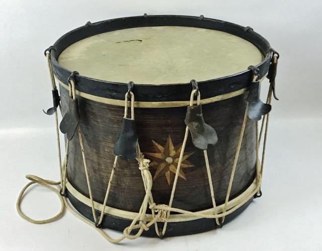 19th C. Wooden Rope Tension Marching Drum: 19th C. Wooden Body Marching Drum. Drum with compass rose inlaid decoration at sound hole. Metal hardware with rope tension and natural skin drum heads. Excellent condition, small hole in top skin. Dr