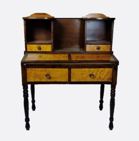 19th C. American Sheraton Writing Desk: 19th C. American Sheraton Writing Desk. Two Drawers over two with fold out writing surface. Case crafted of walnut with burl maple drawer fronts. Turned Sheraton legs of carved mahogany. Good overall 