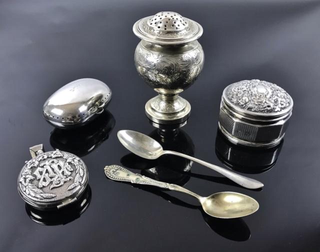 Collection, English and Continental Silver, (6pc): Collection of Six English and Continental Silver Pieces: (1) English sterling silver muffineer with 1781 London Hallmarks, (1) Continental silver lidded box, (1) Continental silver repousse locket or 