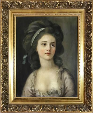 18th C. Oil Painting, Portrait of a Young Woman: Late 18th C. oil painting on canvas of a young woman in period style and costume. Painting in excellent condition, set in moulded gilt wooden frame. Measures: Frame: 27"H x 21.75"W. Image: 19.75"H x 1