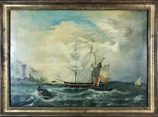1872 British Oil Painting, Ships at Sea, E Desmond: Antique 1872 Dated Oil Painting on Canvas, "Entrance of Portsmouth Harbor" with multiple ships at sea. Painting signed lower right corner, "E. Desmond Painter 1872". Painting in good condition with su