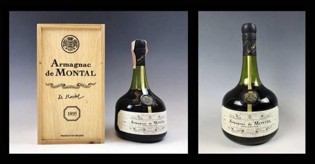 Cased French Armagnac De Montal, 1893 (2pc): Two French Armagnac, signed "De Montal 1893". Green glass bottle, foil sealed with contents, paper label and wax seal. One bottle accompanied by fitted wooden case. 750ml.