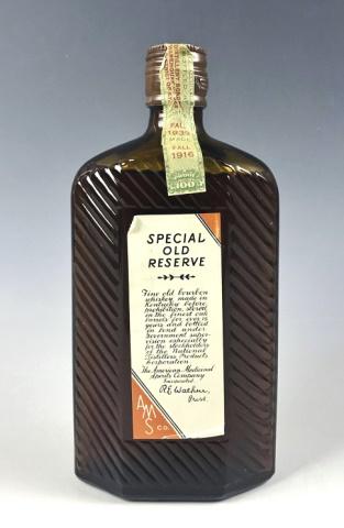 Prohibition Bourbon, American Medicinal Spirits Co: Bottle of Borbon Whiskey "SPECIAL OLD RESERVE" by "American Medicinal Co.". Glass bottle with tax stamp label, "Bottled Fall 1916 Fall 1933". Bottle is sealed with contents, 1 Pint.