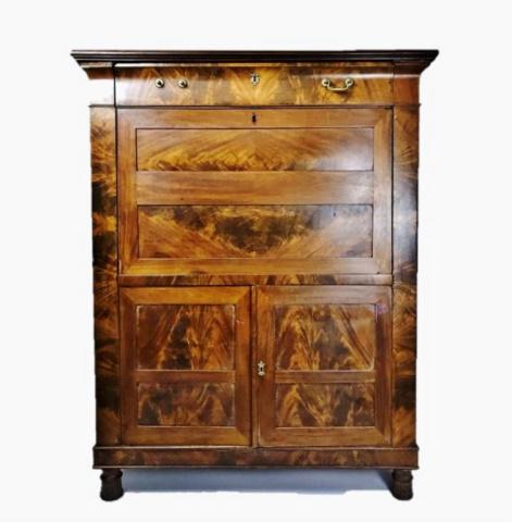 19th C. French Mahogany Abattant Secretary Desk: 19th C. French Secretary Desk. Crafted in highly figured flame mahogany, with top drawer over drop front and lower cabinet. Interior with nine drawers and fold out writing surface. Desk has a multitud
