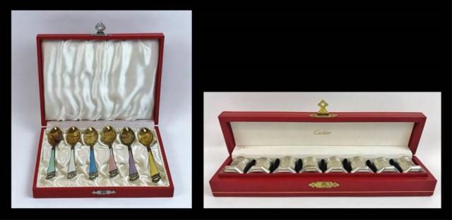Sterling Demitasse Spoons, Salts, Cartier (2pc): Two Cased Sets of Sterling Silver: (1) Set of eight Sterling Silver salts, signed "Cartier STERLING", in fitted silk lined leatherette case, (1) Set of six Sterling Silver enameled demitasse spoons, s