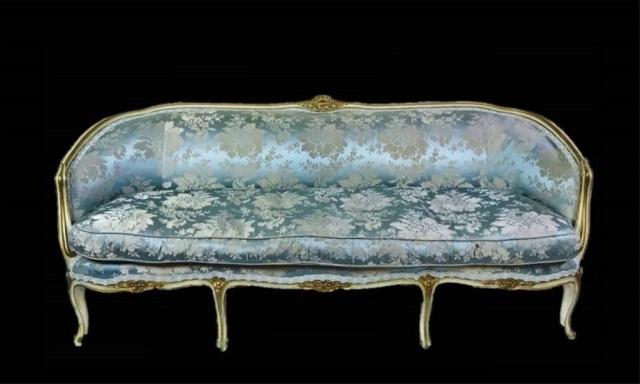 Antique French Louis XV Style Upholstered Sofa: Antique 18th - 19th C. French Louis XV Style Upholstered Sofa or Canape. Carved wooden frame with hand painted gilt decoration with high quality silk damask upholstery. Good condition, fabric with wea
