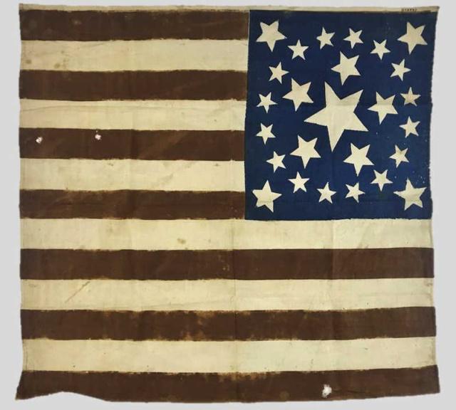 19th C.26 Star American Flag, 1837-1849: Antique One Sided American Twenty Six Star Flag, (1837-1849). Primitive printed cotton, canton with stars in medallion configuration with stars at corners and large center star. Good condition, red dy
