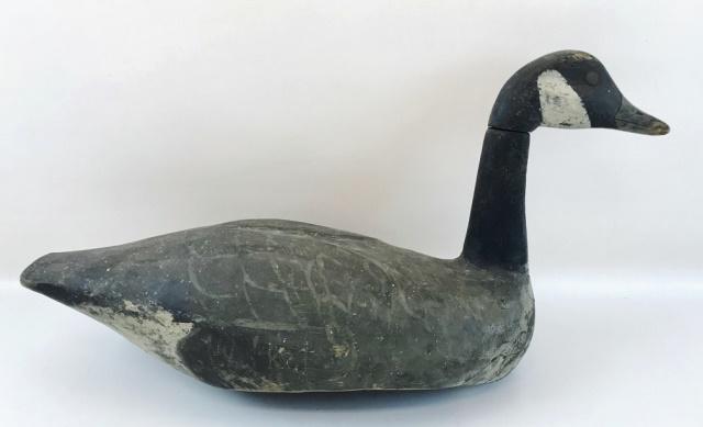 Carved Goose Decoy, Stonington CT: Antique Primitive Goose Decoy. Hand carved and painted with two piece head and neck with tack eyes. Decoy found at Stonington Borough, Connecticut. Good condition, early paint with wear, measures: 11.