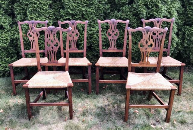 Six 18th C. Country Chippendale Chairs (6pc): Six 18th C. Country Chippendale Style Chairs. Pegged tiger maple construction with rush seats. Hand carved open back splats with scallop shell decorated crest rails and Marlboro legs. Good condition w
