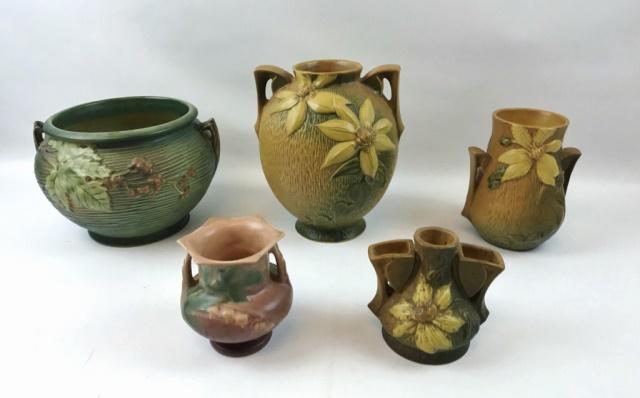 Collection, Antique Pottery, Roseville, (5pc): Collection of Five Antique American Pottery Vases, signed "Roseville". Diverse patterns and forms with floral decoration. Excellent condition, largest measures: 8.5" H.