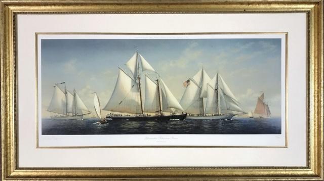 Print, "Gloucester Schooner Races" Michael Keane: Artist Signed Fine Art Print, Titled "Gloucester Schooner Races", Michael Keane. Quality print signed by artist in pencil lower left corner. Print is matted and set in gilt wooden frame, measures: 26"