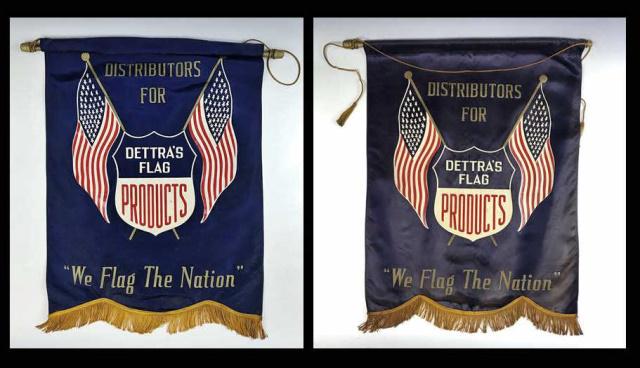WW2 Dettra Flag Company Advertising Banners (2pc): Two World War Two Advertising Banners "Dettra Flag Company" : Silk banners mounted on original poles with bold printed color illustration of two 48 star flags flanking a shield with the text " Distrib