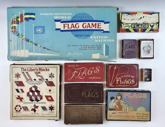 Collection, US Flag Games & Toys 1896-1961 (11pc): Collection, US Flag Games & Toys1896-1961 (11pc). (1) "Game of Flags (No. 1111)" Fireside Game Company, Cincinnati, Ohio, 1896; (1) "Flags 1111" The Fireside Game Company, Cincinnati, Ohio, 1896; (1) 