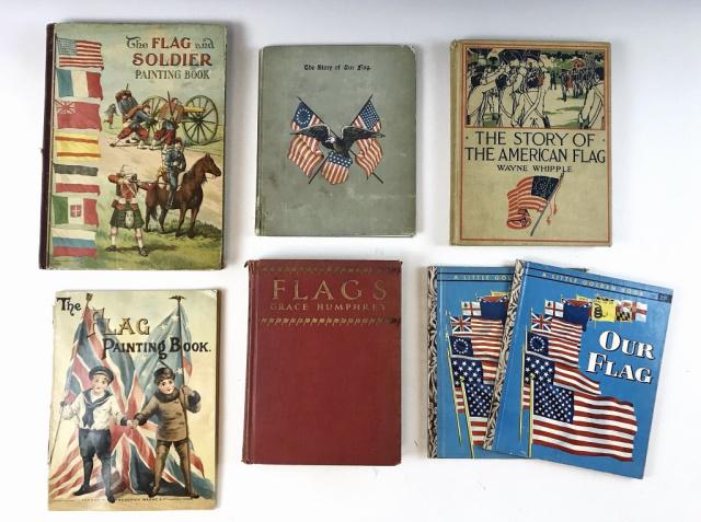 US Flag Books for Children 1880-1960 (7pc): US Flag Books for Children 1880-1960 (7pc). (1) "The Flag and Soldier Painting Book" (New York: McLoughlin Brothers, n.d), Quarto, cloth, n.p. Vivid color lithograph on front board; (1) "The Flag Pain