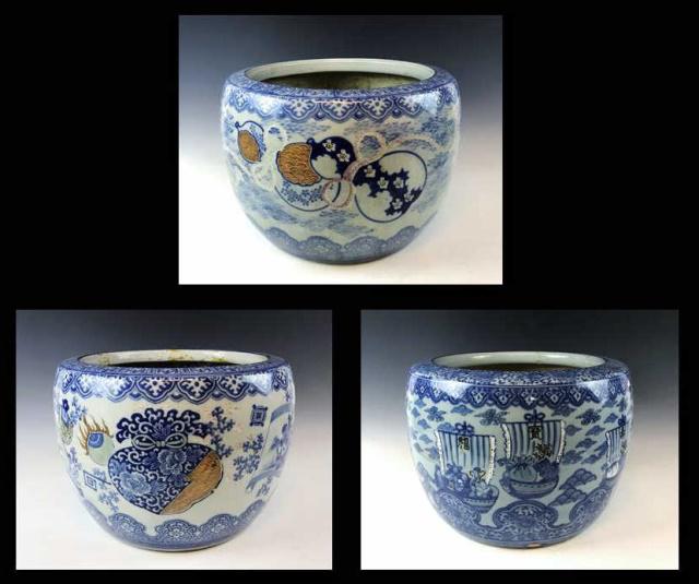 Collection, Japanese Porcelain Hibachi, (3pc): Collection of Three Japanese Porcelain Hibachi. Hand decorated in blue and white with incuse decoration. Good condition, Each measures: 12.5" H x 16.5" D.