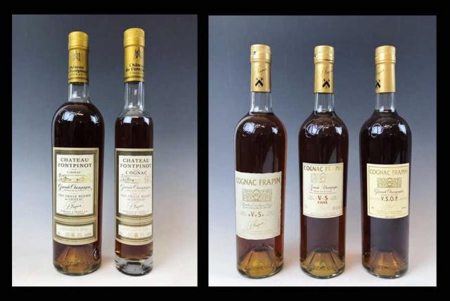 Collection, French Cognac, Frapin, Fontpinot (5pc): Collection, Five Bottles French Cognac sealed with contents, Frapin, Fontpinot: (3) Bottles of Cognac Frapin, V.S, V.S. Lux and V.S.O.P, 750ml. (2) Bottles Chateau Fontpinot Reserve. 750ml & 375ml.