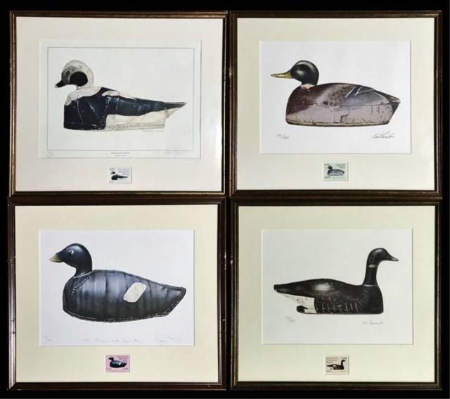 Massachusetts Duck Stamp Signed Artwork, (4pc): Collection of Four Massachusetts Waterfowl Stamps with Limited Edition, Artist Pencil Signed Prints: (1) "Old Square Drake, John F. Eggert, (1) "Mallard Drake Carver Elmer Crowell" Bob Piscatori, (1)