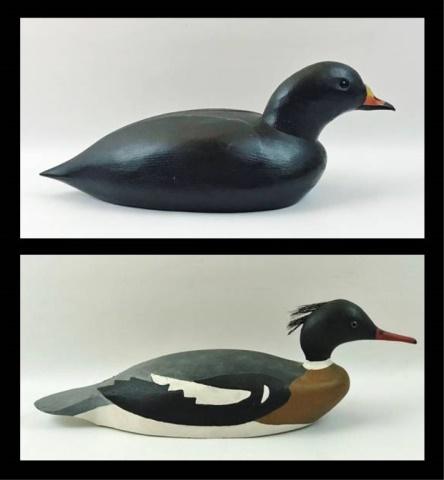 Vintage Duck Decoys, HM Hanelt, TP Lindberg, (2pc): Two Vintage Hand Carved and Painted Wooden Duck Decoys: (1) Drake Scoter decoy, base signed "H.M. Hanelt" with "HMH" brand, (1) Drake Merganzer with tufted head, base signed "MADE BY T.P. LINDBERG". E