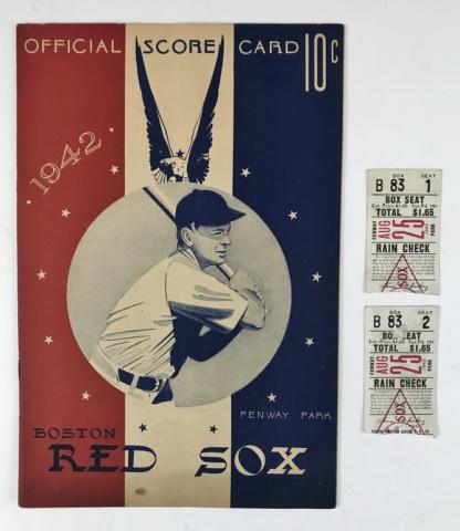 WW2 Boston Red Sox Score Card & Tickets (3pc): WW2 Boston Red Sox Score Card & Tickets (3pc) (1) "Official Score Card 1942--Boston Red Sox, Fenway Park" 8vo wraps, 10pp. with roster for the game between the Red Sox and the Cleveland Indians; (2) T