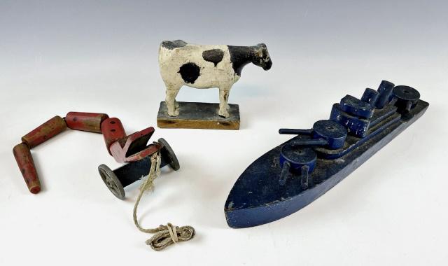 Collection, Antique Wooden Toys (3pc): Collection of Three Antique Hand Made and Painted Wooden Toys: (1) Hand carved and painted snake form pull toy with five attached wooden segments with wheel base and pull cord, (1) Hand carved and pai