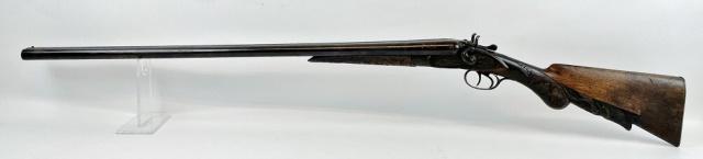 19th C. Side Hammer Shotgun, Bridge Gun Works: 1880's Antique Double Barrel Side Hammer Shotgun, signed "Bridge Gun Works". Levered breech loading action with double hammer and trigger, side plate, hammer and guard with hand chased foliate decorat