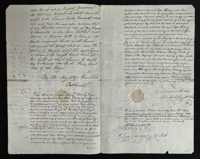 1801 King George III Naval Protection License: King George III Naval Protection License, 1801. Three page License Document issued by King George III on 9 January 1801 to London merchant George Joy alerting "all Commanders of our Ships of War and P
