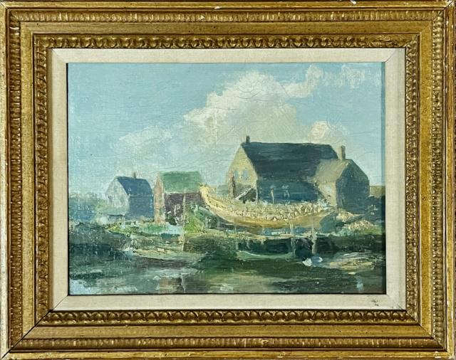 Oil on Canvas Painting Gertrude Tonsberg 1902-1973: Oil on Canvas Rockport School Painting, (Gertrude Tonsberg, American 1902-1973). Painting identified as Rockport Harbor coastal scene with ship on stands and shacks in background. Painting unsigned wi