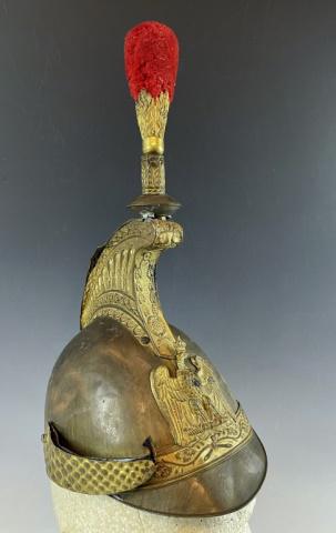 French Empire Napoleon III Gendarmerie Helmet: French Empire Napoleon III Mounted Gendarmerie Helmet. Brass helmet body with gilt decorative neoclassical brass crest with plume. Front plate of Imperial Crowned Eagle clutching Fasces, interior leat