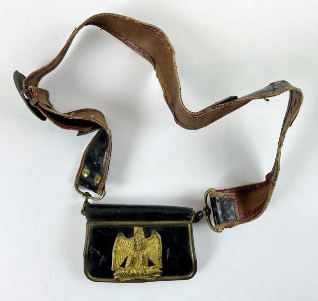 19th C. French Empire Napoleon III Cartridge Box: 19th C. French Empire Napoleon III Cartridge Box. Leather covered wood box with brass Imperial Eagle plate and brass accents. Sewn leather strap with lion head plate and decorative buckle with shield 
