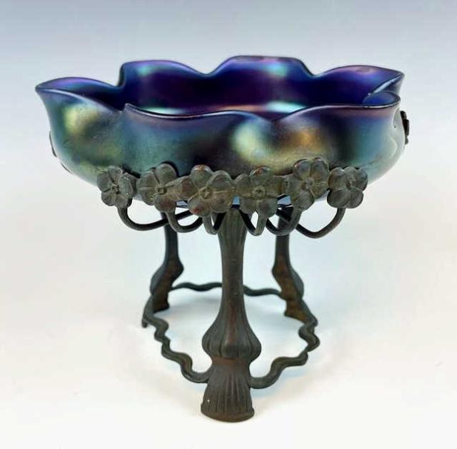 Neoclassical Aurene Glass, Bronze Compote, Loetz: Antique Neoclassical Compote, Aurene Glass and Bronze Base, Loetz Attributed. Iridescent aurene glass bowl in hues of blue, purple and green with wavy edge. Base cast tripod bronze base with naturalis