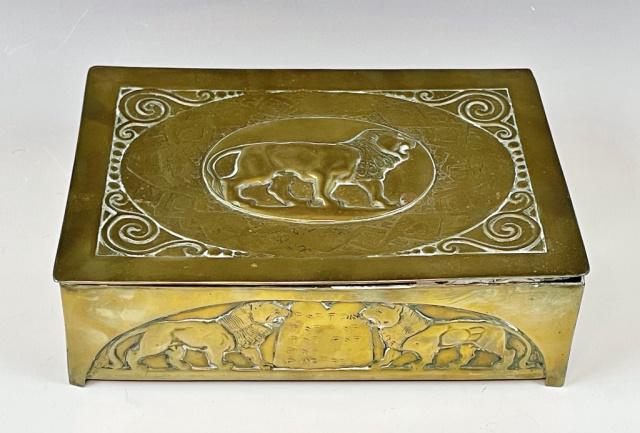 Vintage Brass Judaica, Box and Goblets (3pc): Collection of Brass Judaica Items: (1) Hinge lidded brass box emblazoned with Lion of Judah, scroll work and hand chased decoration, good condition, measures: 5.75" H x 8.5" W. (2) Brass goblets with 