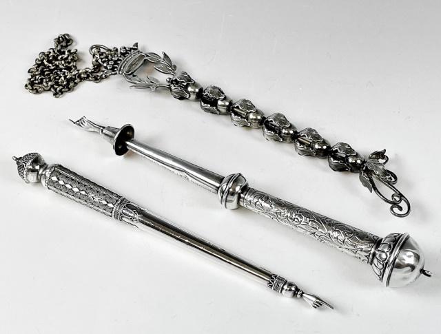 Collection of Judaica, Silver Torah Pointers (3pc): Collection of Three Antique Silver Torah Pointers. Highly decorated with repousse, filigree and hand chased designs. Good condition, largest measures: 11" H, Total weight: 8.4 Ozt.