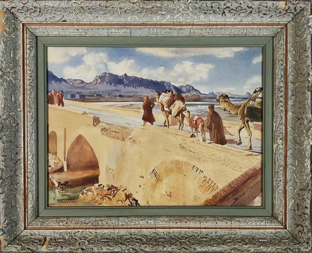 Watercolor on Paper, Y Nahapetian 1955: Watercolor on Paper Painting, Signed Y. Nahapetian Isfahan 1955" (Yervand Hahapetian, Iranian, 1916-2006). Painting titled "Isfahan" a city in Iran and dated "1955". Scene of figures leading camels ov