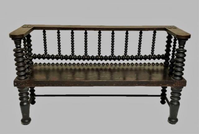 Antique Turned Wooden Bench: 19th C. Oak Hall Bench. Bench with spool turned bannister back and legs with board seat. Excellent condition, top rail with period joint bracket, measures: 25.5" H x 44" W x 15.5" D.