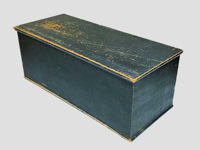 19th C. Shaker Six Board Blanket Chest, Blue Paint: 19th C. Six Board Shaker Blanket Chest. Crafted of pine with dovetailed construction and period painted surfaces. Interior cover with measuring scale in pencil, interior till drawer. Good condition wi