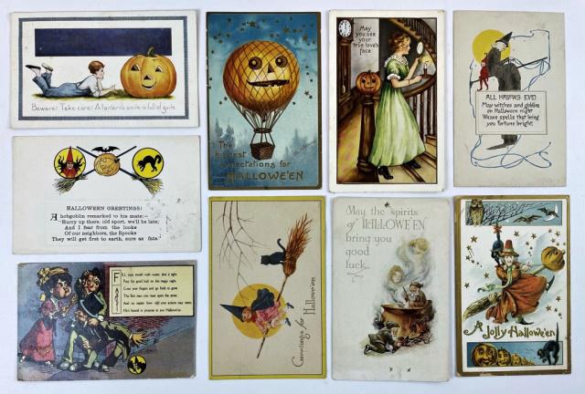 Collection of Halloween Postcards (9pc): Collection of Nine Antique Halloween Themed Postcards. Various designs with witches, pumpkins and other Halloween symbols. Six are used with stamps and cancellations. Good condition with wear.