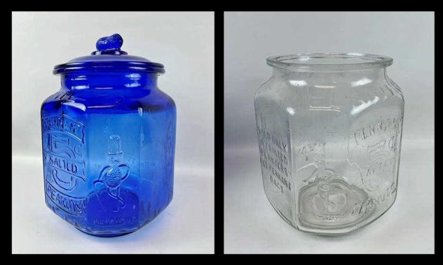 Antique Country Store Jars Planters Peanuts (2pc): Two Antique Country Store Glass Peanut Jars, Signed "Planter's": (1) Cobalt blue jar embossed with Planter's logo, and "5C" price. Jar with lid with peanut finial. Measures: 13" H x 7" W. (1) Clear gl