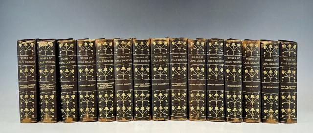 Charles Dickens Complete Works (15pc): Charles Dickens Complete Works (15pc) "The Complete Works of Charles Dickens" 15 Volumes (New York: The Kelmscott Society Publishers, n.d. [ca. 1904]), 8vo, 1/2 bound black leather spines and corners