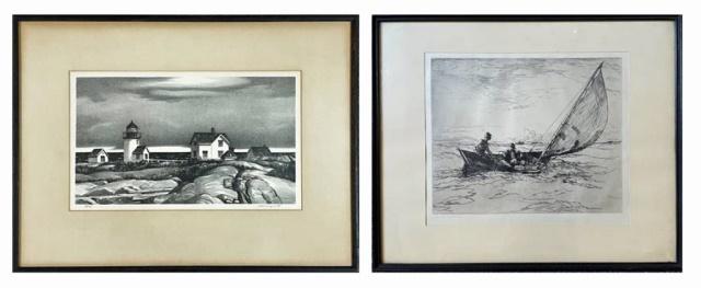 Two Antique Marine Etchings (2pc): Two Antique Etchings: (1) Etching on paper of a fishing dory under sail, artists signed in pencil (illegible), matted and framed under glass, measures: 14.5" H x 17.5" W, image: 10" H x 11.5" W, (1) E