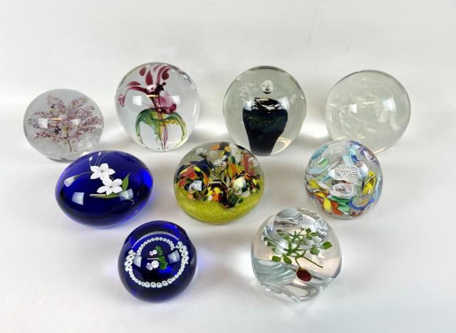 Collection, Blown Glass Paperweights (9pc): Collection of Nine Blown Glass Paperweights. Art glass weights with diverse designed, two are signed : "R.W. Stephan 1983" and "Caithness Scotland". Excellent condition.