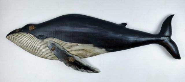Hand Carved Hump Back Whales, Roger Mitchell (2pc): Hand Carved and Painted Wooden Hump Back Whales, Mother and Calf. Crafted by master carver Roger C. Mitchell. Detailed carving with hand painted aged surfaces and inset glass eyes, reverse artist sign